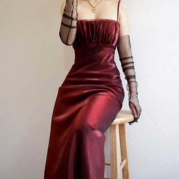 Vintage Y2K 90s Goth Vampire Milkmaid Dark Red Burgundy Prom Dress Sz 4 - Picture 1 of 9